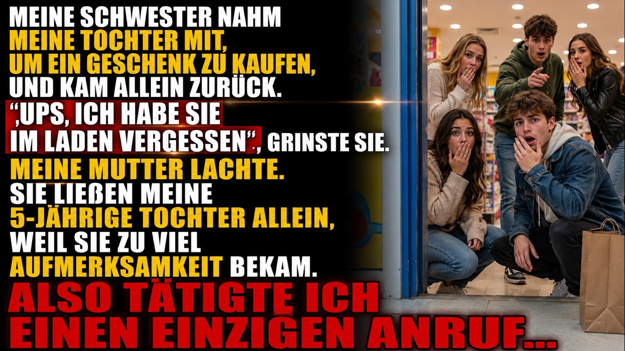 „Ich glaube, ich habe sie im Laden vergessen." Meine Schwester stellte ihre Handtasche auf die Arbeitsplatte und sah mich nicht an, während meine fünfjährige Tochter irgendwo in einem Kaufhaus...