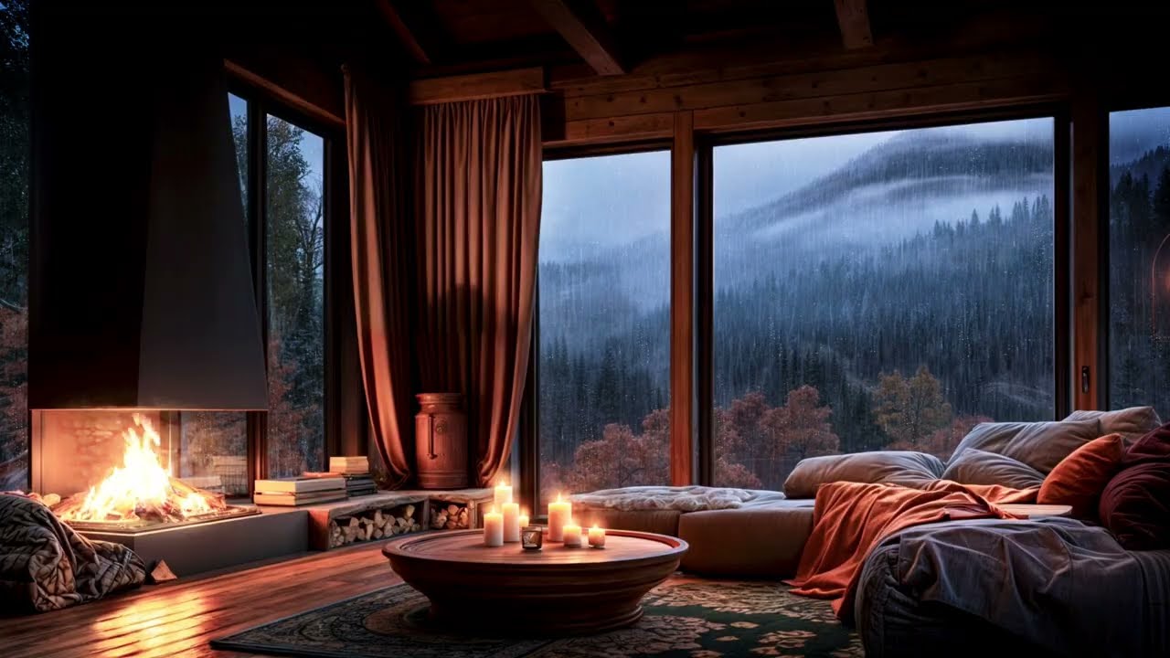 Cabin Fireplace Rain Ambient Soundscape | Deep Sleep & Relaxation Sounds