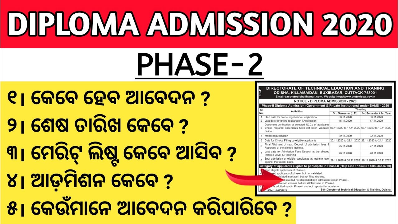 Diploma Admission 2020 Phase-2 Datelines & Guideline Diploma Admission Odisha 2020