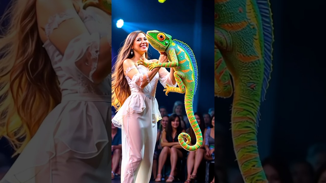 Woman fuses with chameleon puppet 