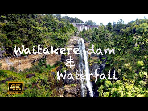 Waitakere dam and waterfall bird's eye view, Waitakere ranges, Auckland New Zealand