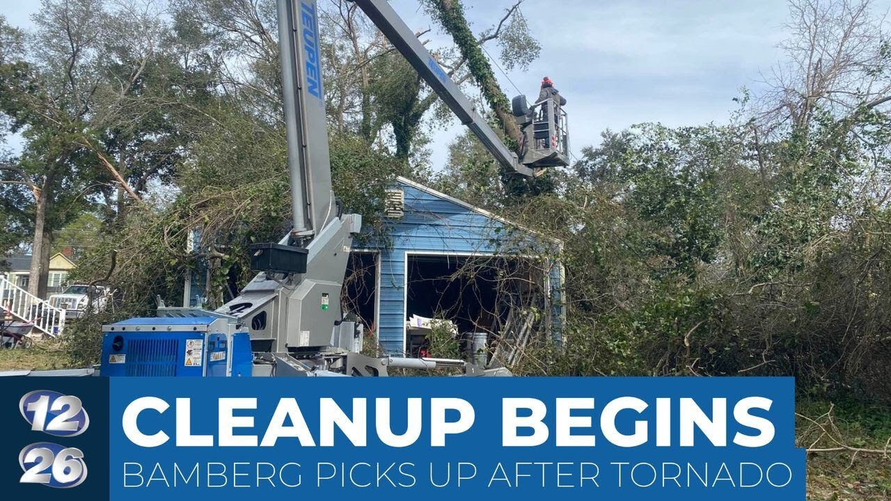 Chainsaws roar as tornado cleanup continues across Bamberg - YouTube