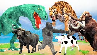 Giant Dinosaur vs Giant Tiger vs Giant Gorilla Attack Mini Cow Cartoon Buffalo Saved By Gorilla