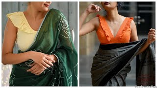 Plain cotton saree styling tips,contrast blouse with plain saree,frill neck design for saree blouse screenshot 3