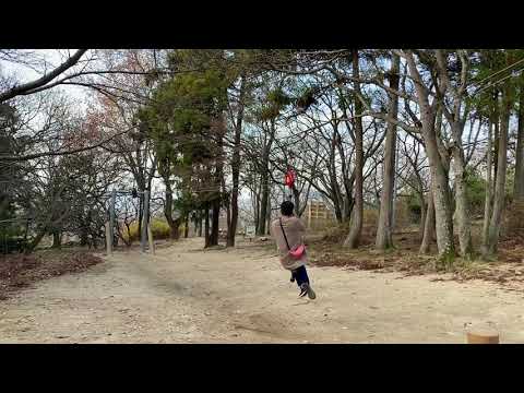 峰山公園のアスレチックのターザンロープ タイヤロープウェイで遊ぶ
