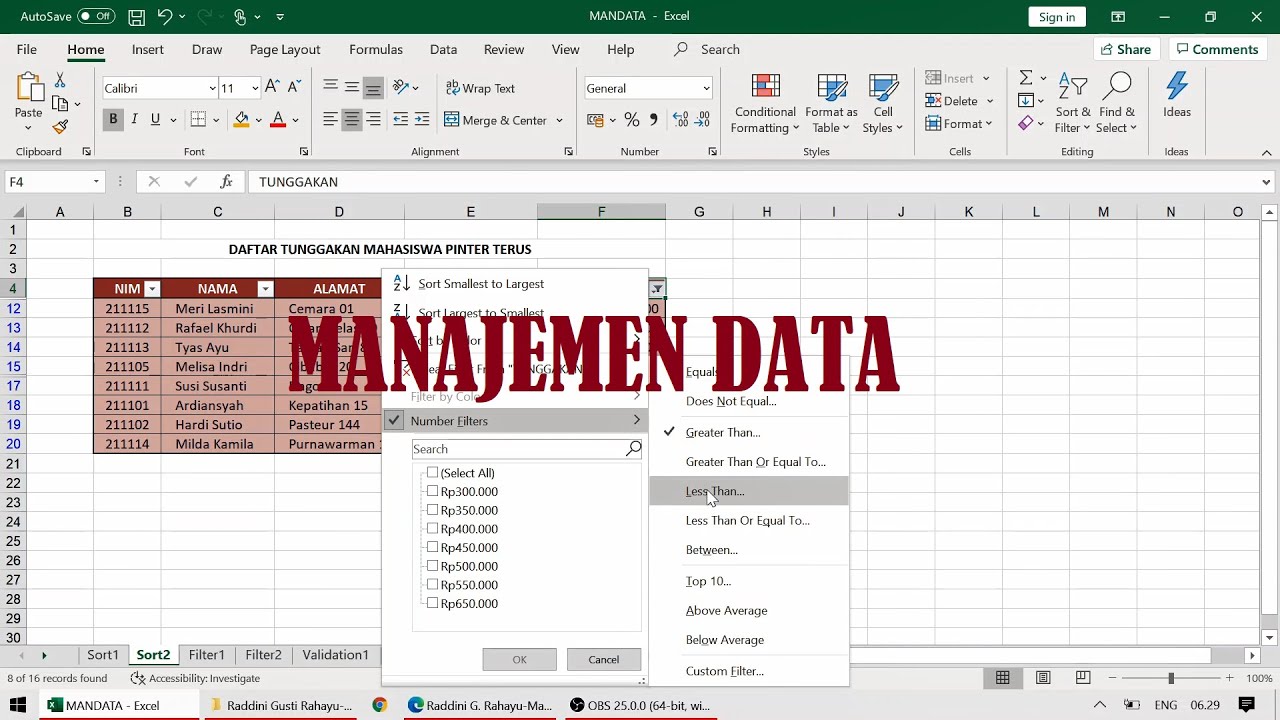 Manajemen Data di M. Excel (Sort, Filter, Data Validation, Subtotal