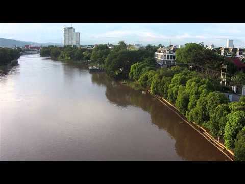 An overhead view of the Ping River in Chiang Mai, Thailand