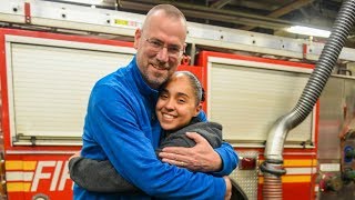 Reunion between the firefighter and the child he rescued from a burning home
