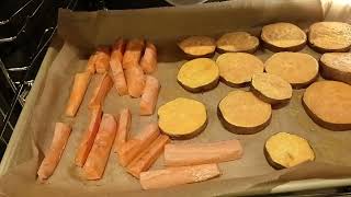 We cook Salmon with tomato and roast Sweet Potato, Carrot boil vegetables.