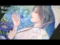 【水彩×アクリル】紫陽花とレース着物の女の子🐌雨の日のイラスト【illustration】Hydrangea & Kimono Girl - Japanese watercolor painting