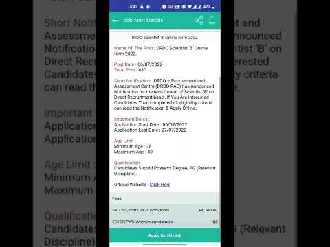 DRDO Scientist ‘B’ Online form 2022./Total post - 630 / Jobtokan ✅