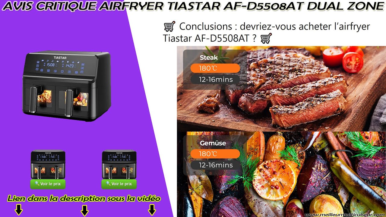 Tiastar Friteuse sans Huile Dual Zone Air Fryer avec 2 Tiroirs Anti Adhésif  