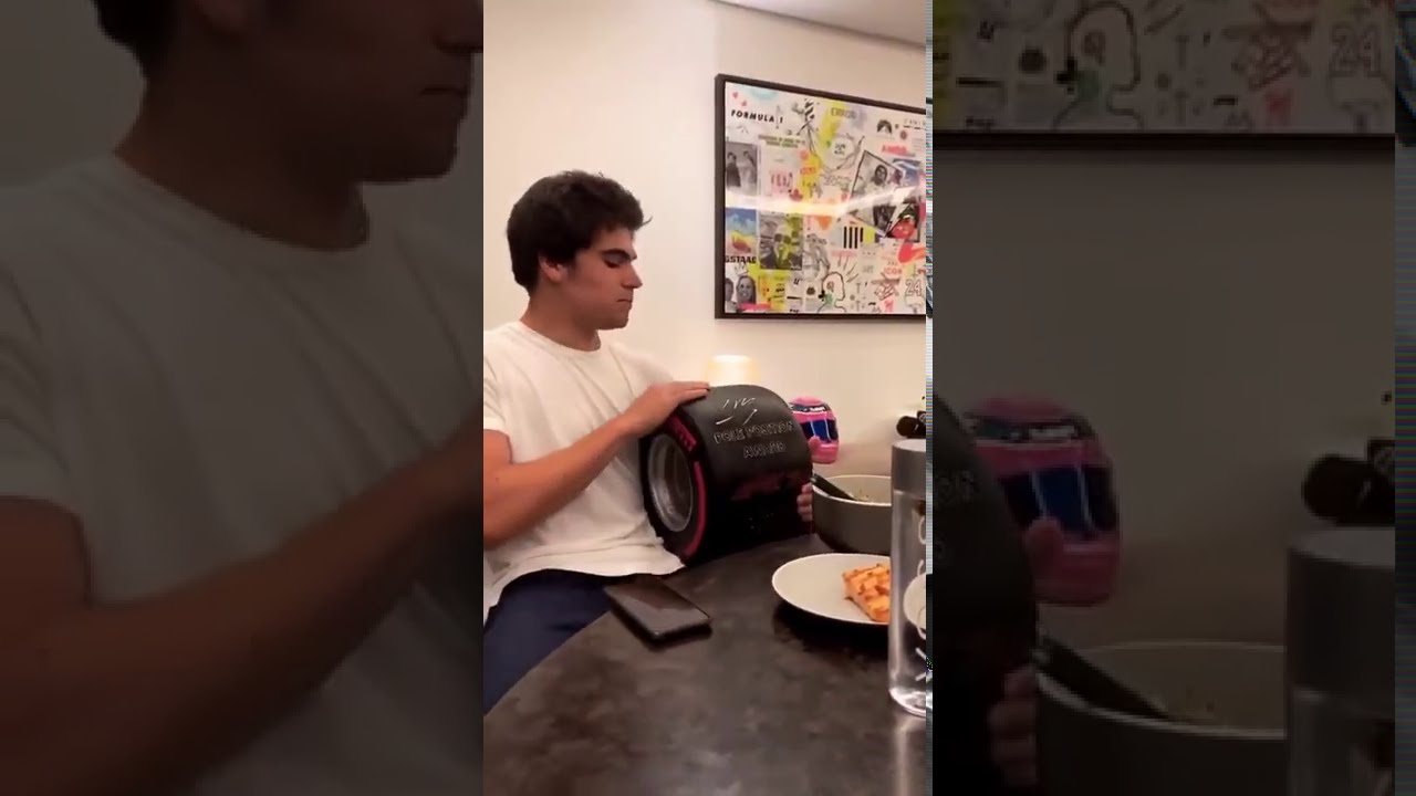 Lance Stroll eating his Breakfast with his Pirelli Pole Position Award