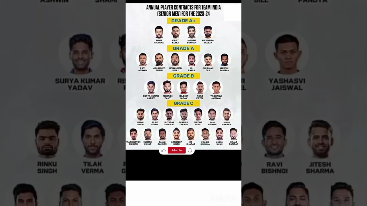 Annual players contract on team India divided by groups 