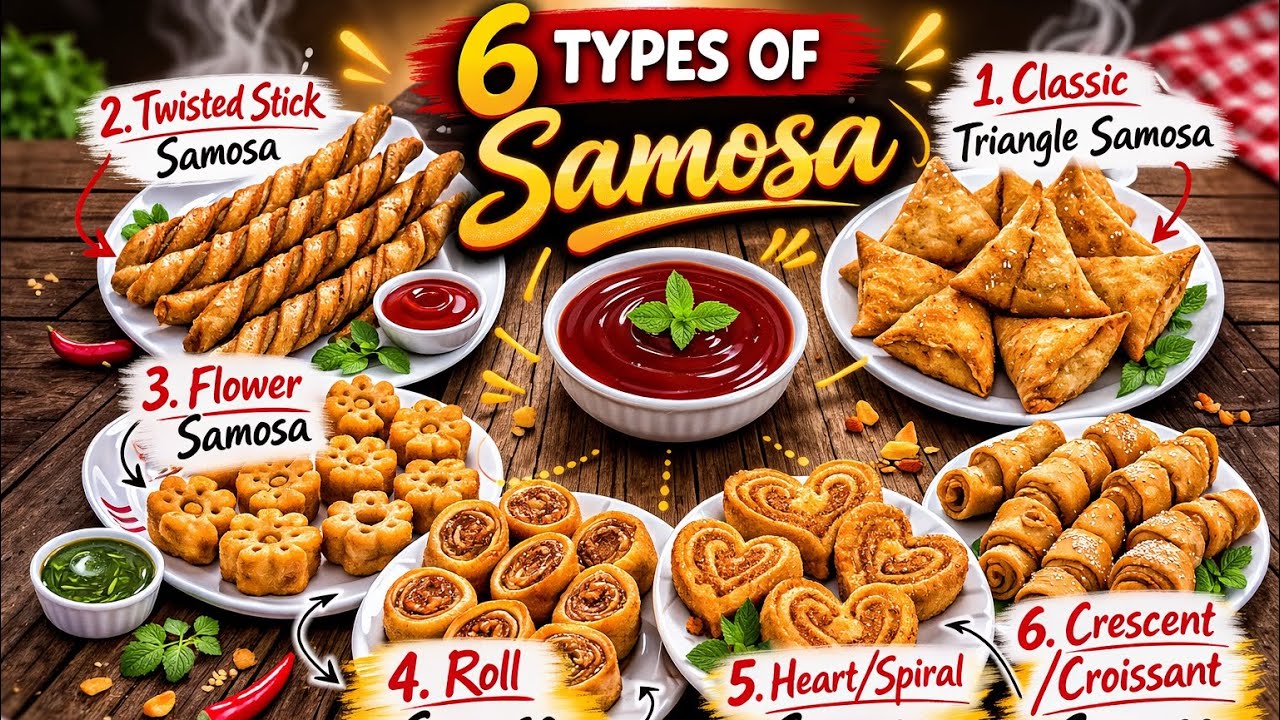 6 Types of Samosa Twisted Stick Samosa,triangle,Roll,Flower,Crescent and Heart Samosa #viral #samosa