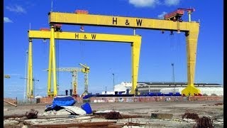 View of world famous Harland & Wolff cranes in Belfast Northern Ireland.