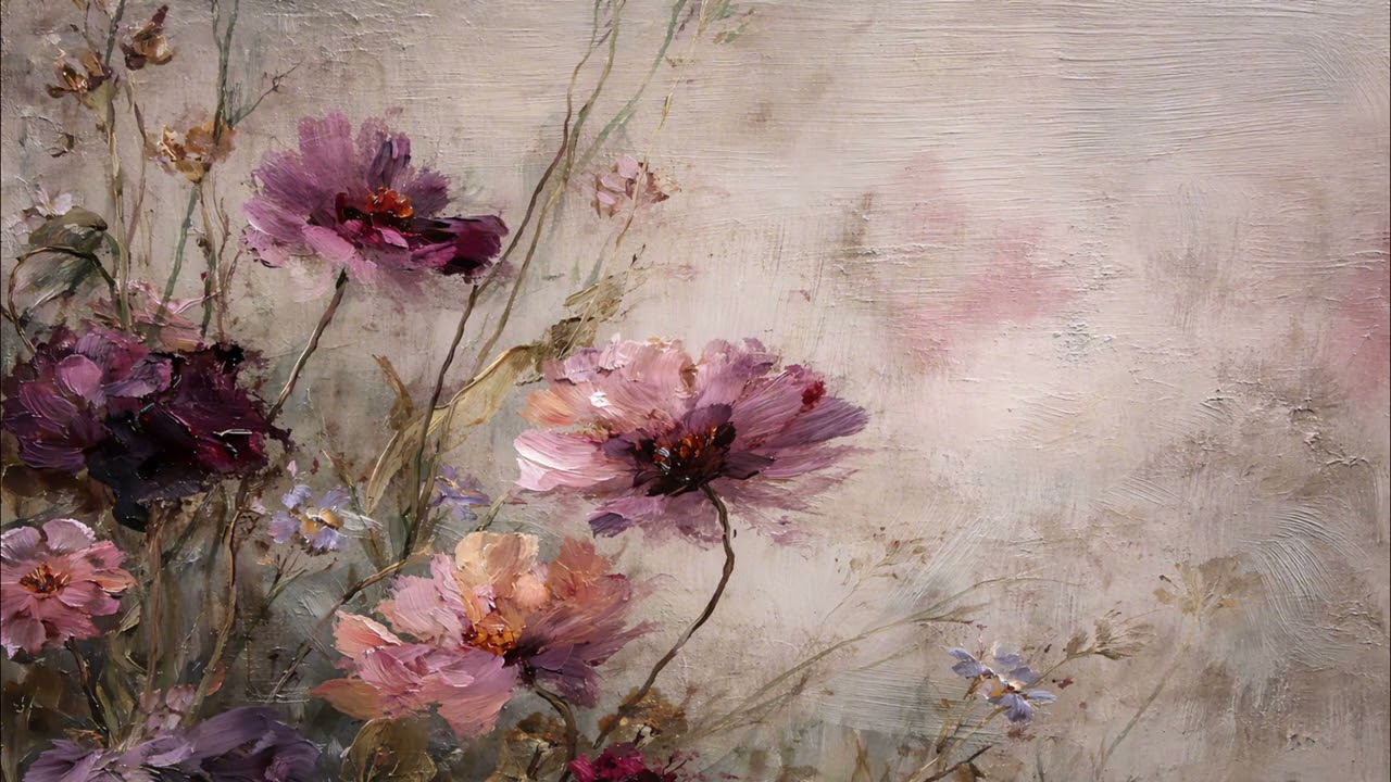 Blush & Burgundy Wildflowers – Vintage Floral Oil Painting 4K Screensaver