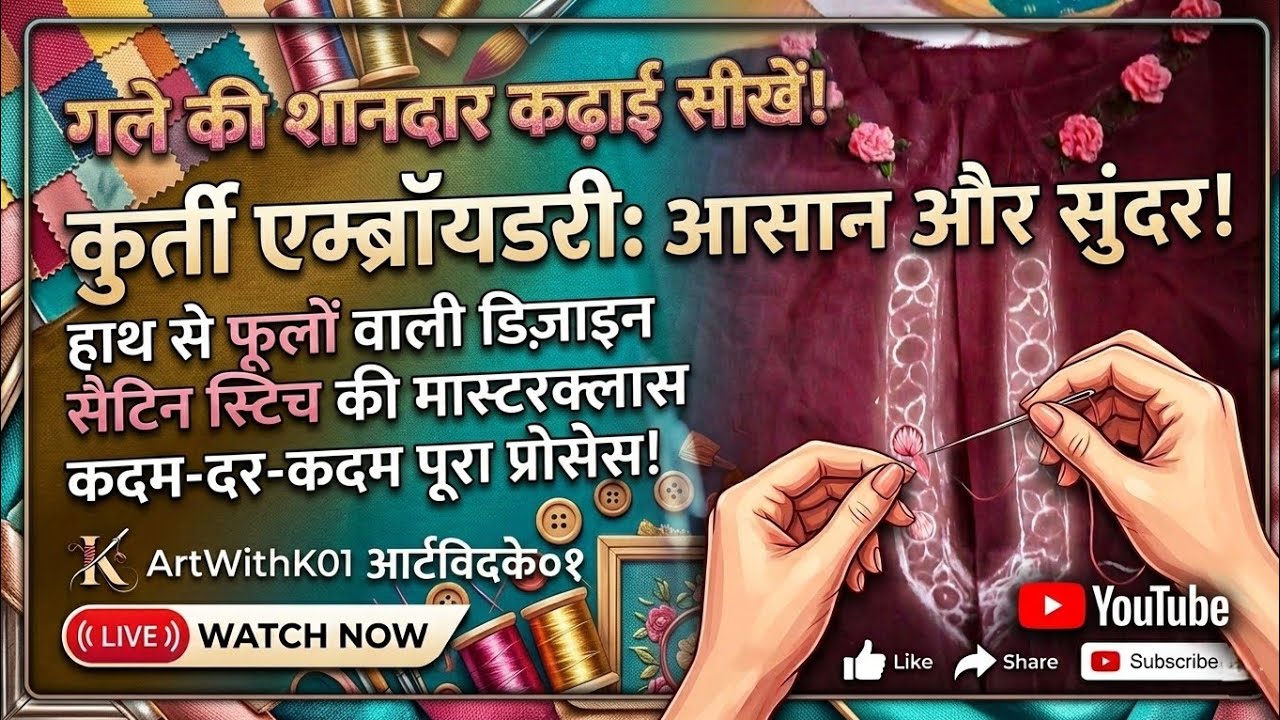 Designer Kurti Embroidery at Home 🪡| Flowers & Leaves Pattern Step-by-Step #embroidery #stitch #live