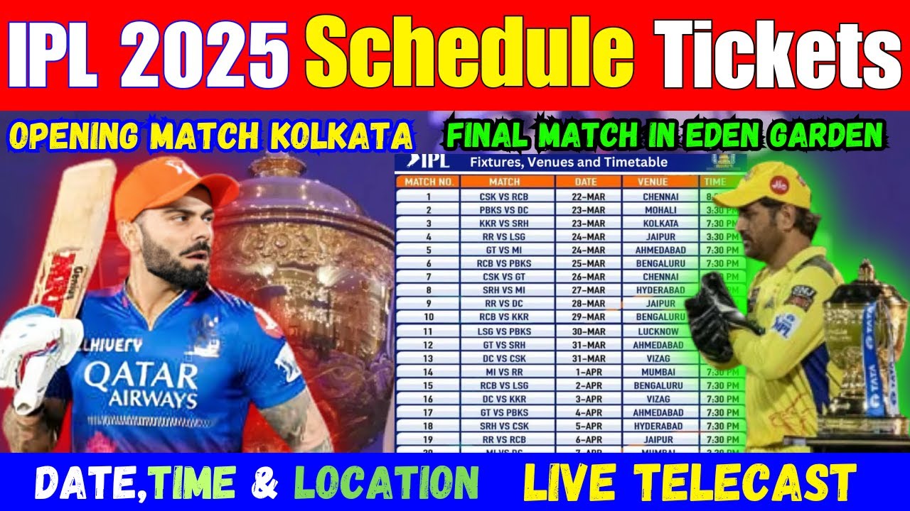 IPL25 full Schedule,Date,Time.Opening Match in Kolkata.Tickets Booking ...