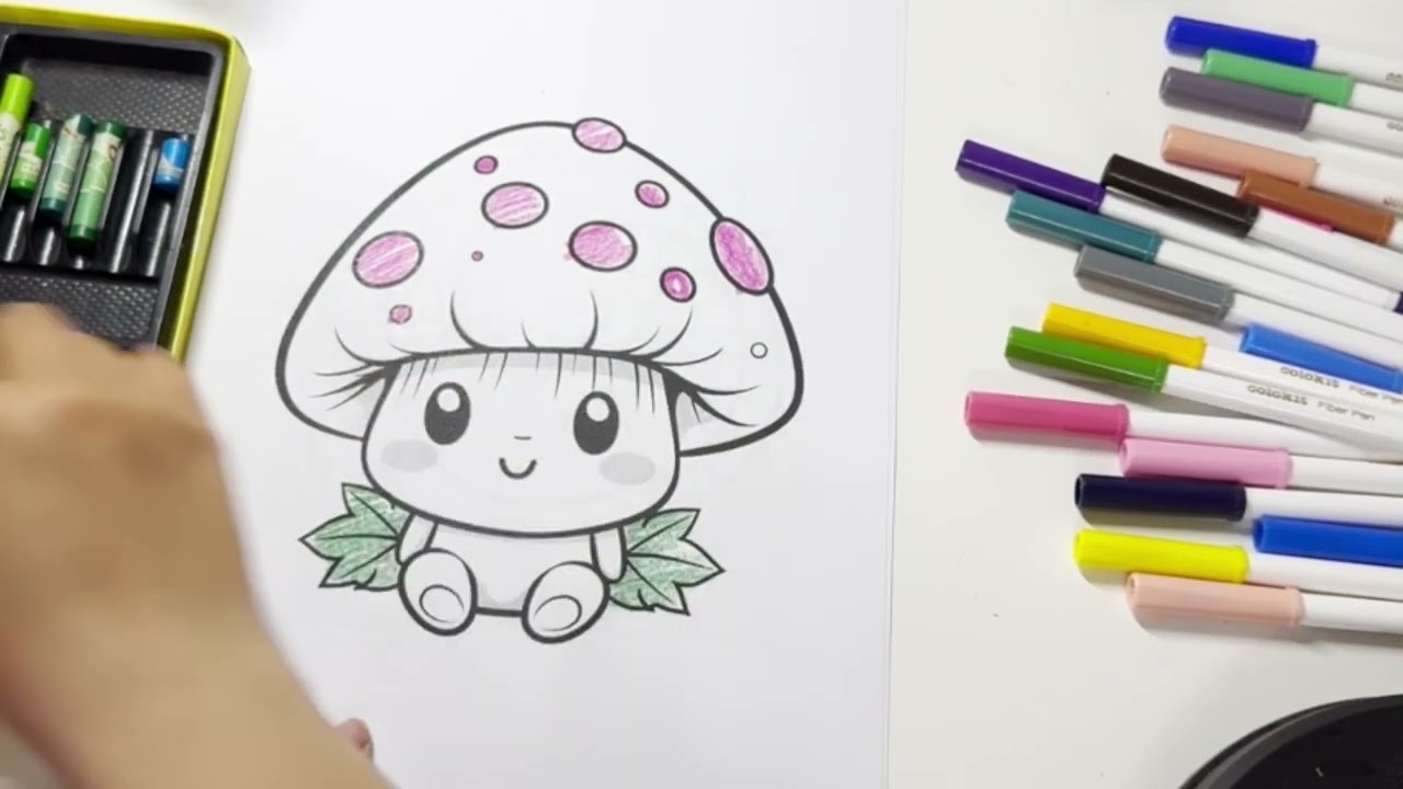 Hello everyone, today I will color a picture of a cute mushroom.
