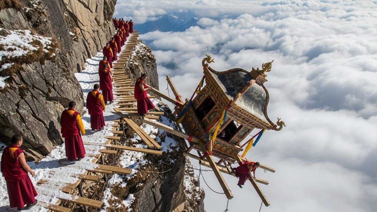 UNBELIEVABLE Buddhist Palanquin Himalayan Cliff Parade | The Deadliest Ritual Road in the World