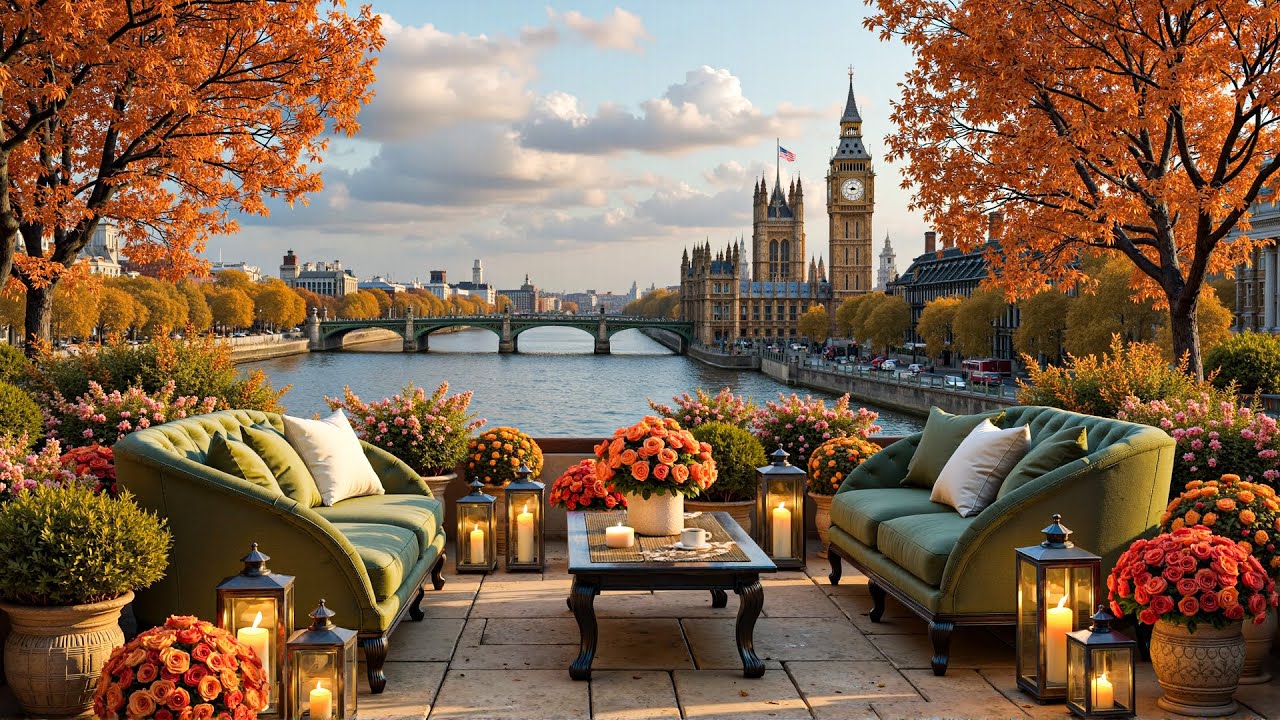 London Autumn Balcony View 🍂 Smooth Jazz & Cozy Ambience by the Thames for Study & Relax