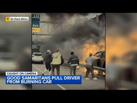 Caught on video: Good Samaritans pull driver from burning car