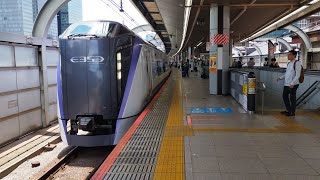 [電笛あり]回5114M E353系 S102編成 特急かいじ14号東京行の返却回送 回送列車が電笛を鳴らして東京駅2番線を発車するシーン