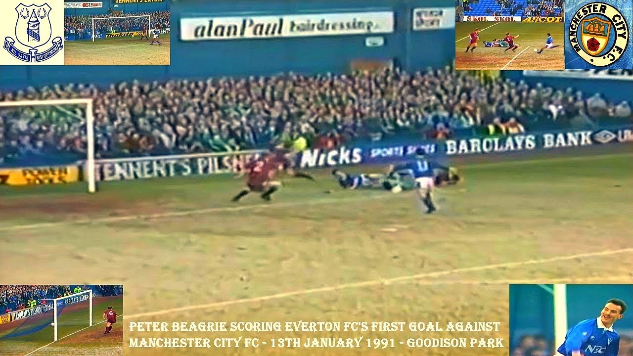 PETER BEAGRIE SCORES EVERTON FC’s FIRST GOAL V MANCHESTER CITY–13TH JANUARY 1991-GOODISON PARK