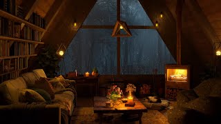 Cozy Reading Nook Ambience on Rainy Day with Smooth Jazz Music, Rain & Fireplace Sounds for Relax