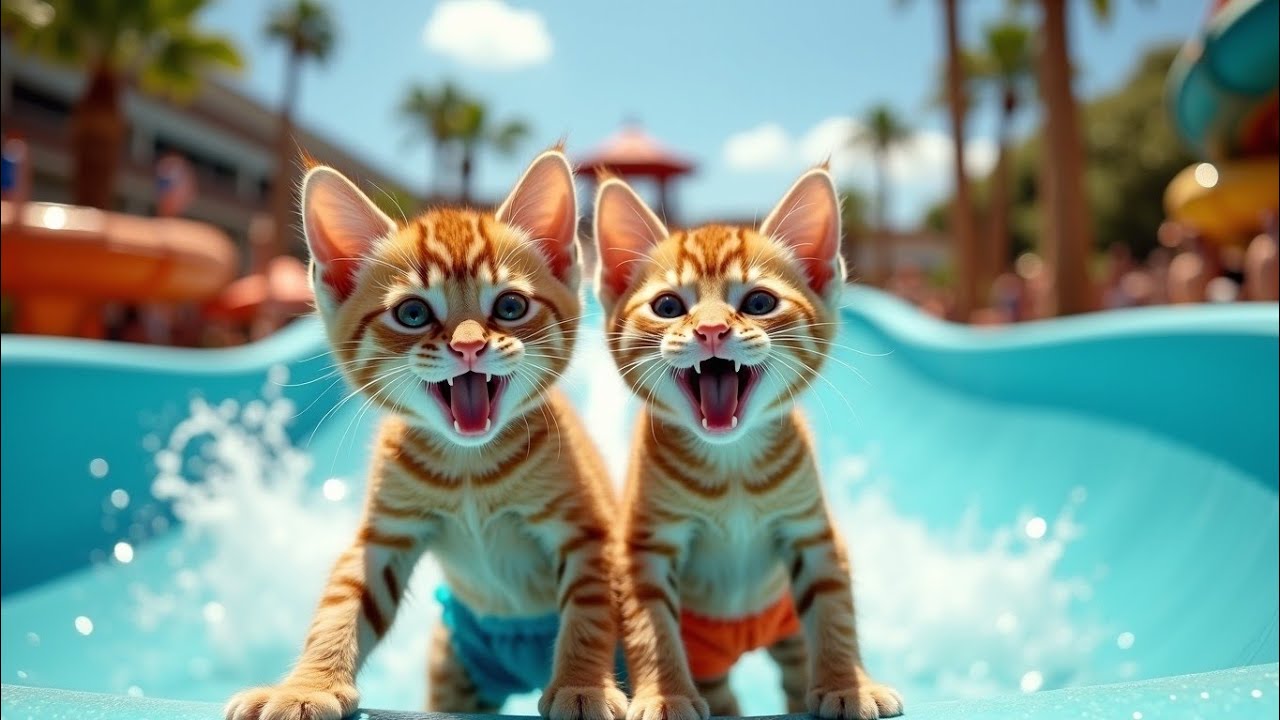 Paws & Slides: Two Tiny Cats Take Over a Water Park! 🐾🌊