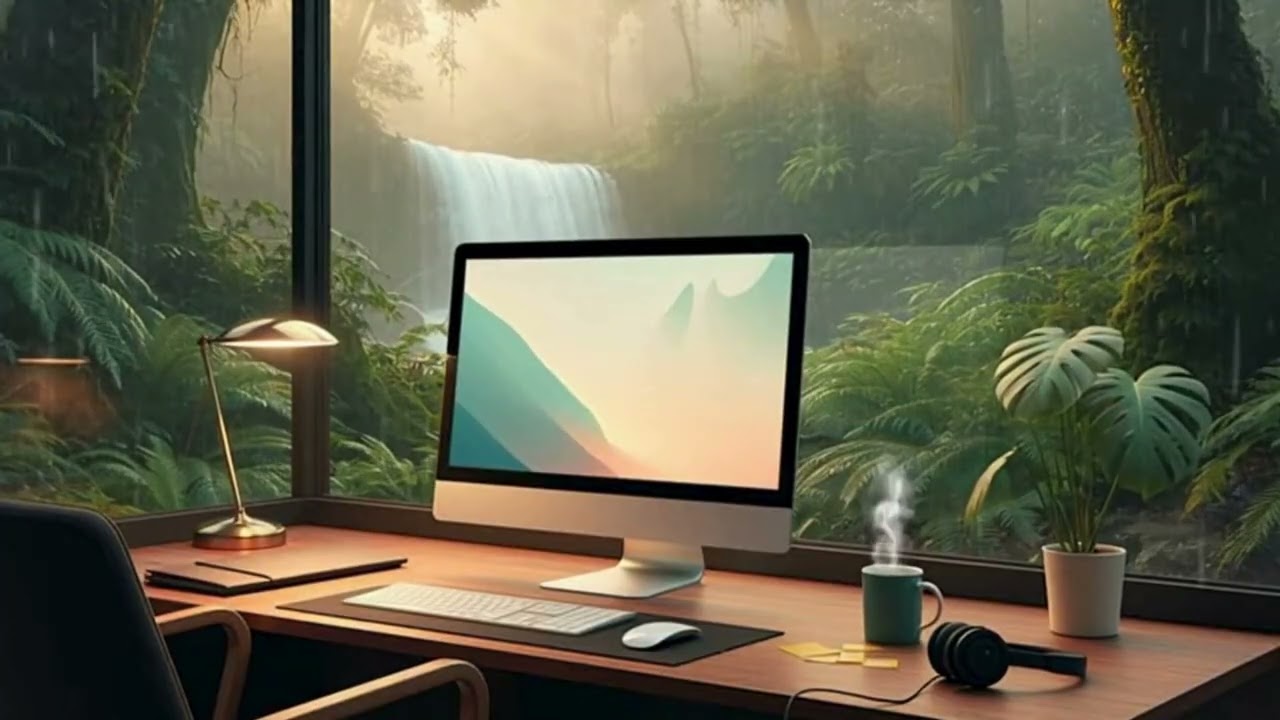 Lofi calming study music - nature rainforest sounds one hour.