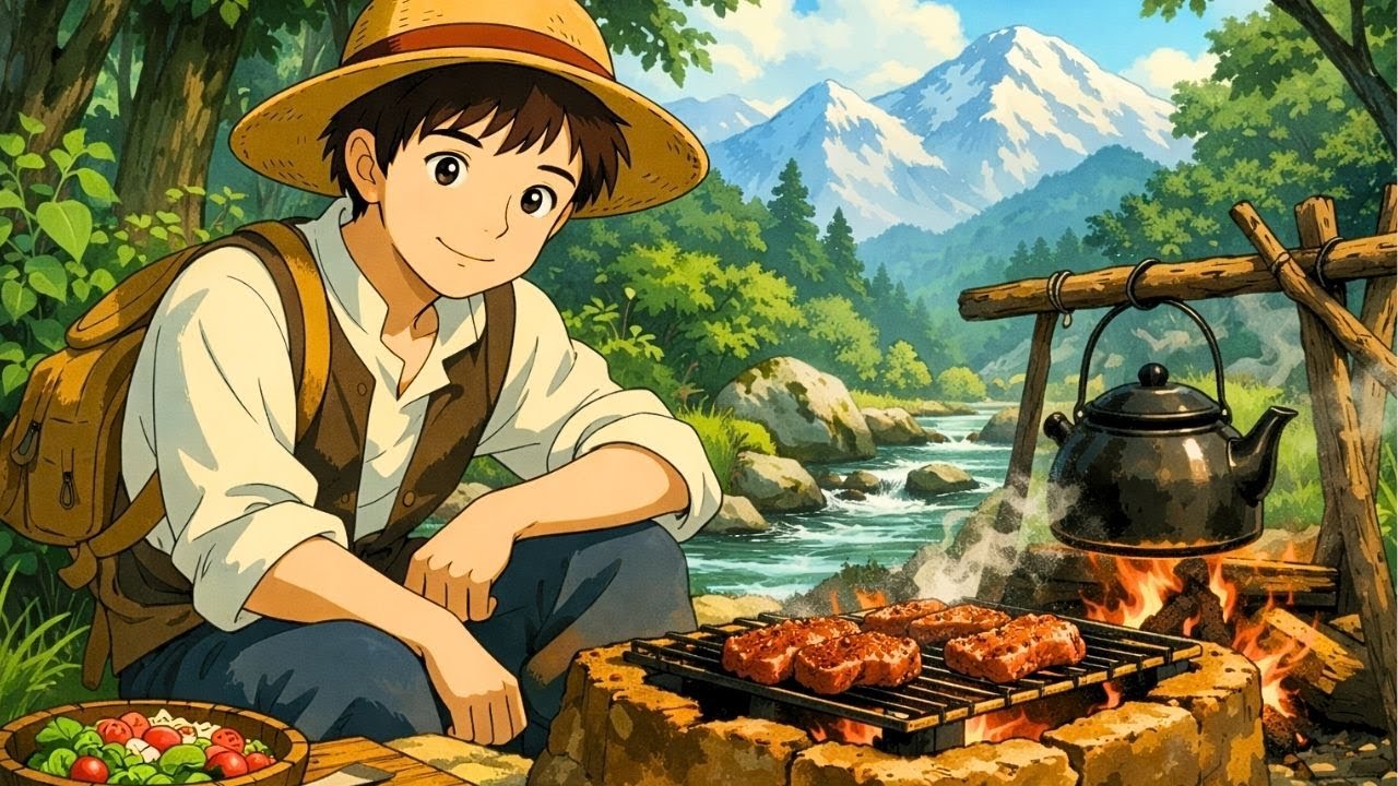 A Silent Mountain Camp by the Stream  Cooking, Fire & Nature Sounds — Ghibli Inspired ASMR