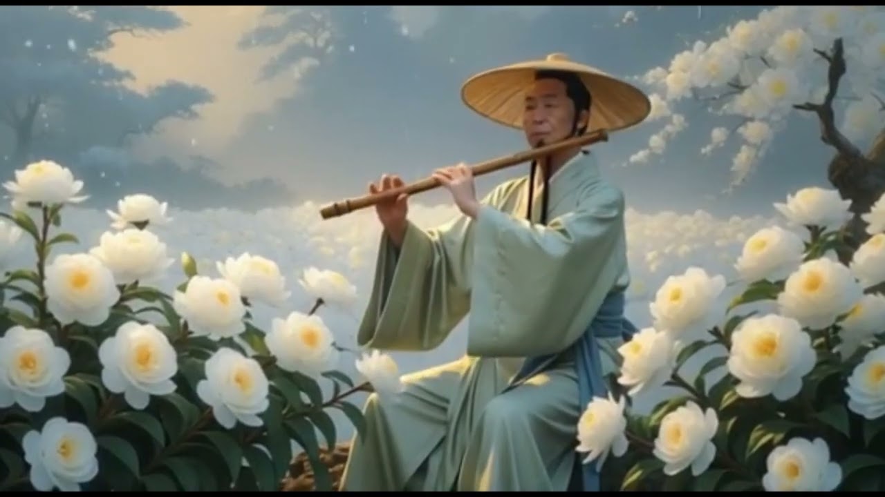 The wind gently blows the flowers and his robe, creating a sense of loss and quiet sadness.