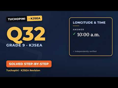 Video thumbnail showing a globe with longitude lines and clocks marking the time at towns P and Q for KJSEA 2025 Maths Q32.