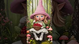 The smart forest gnome girl loves mushrooms, berries, the forest and her grandfather, the gnome.