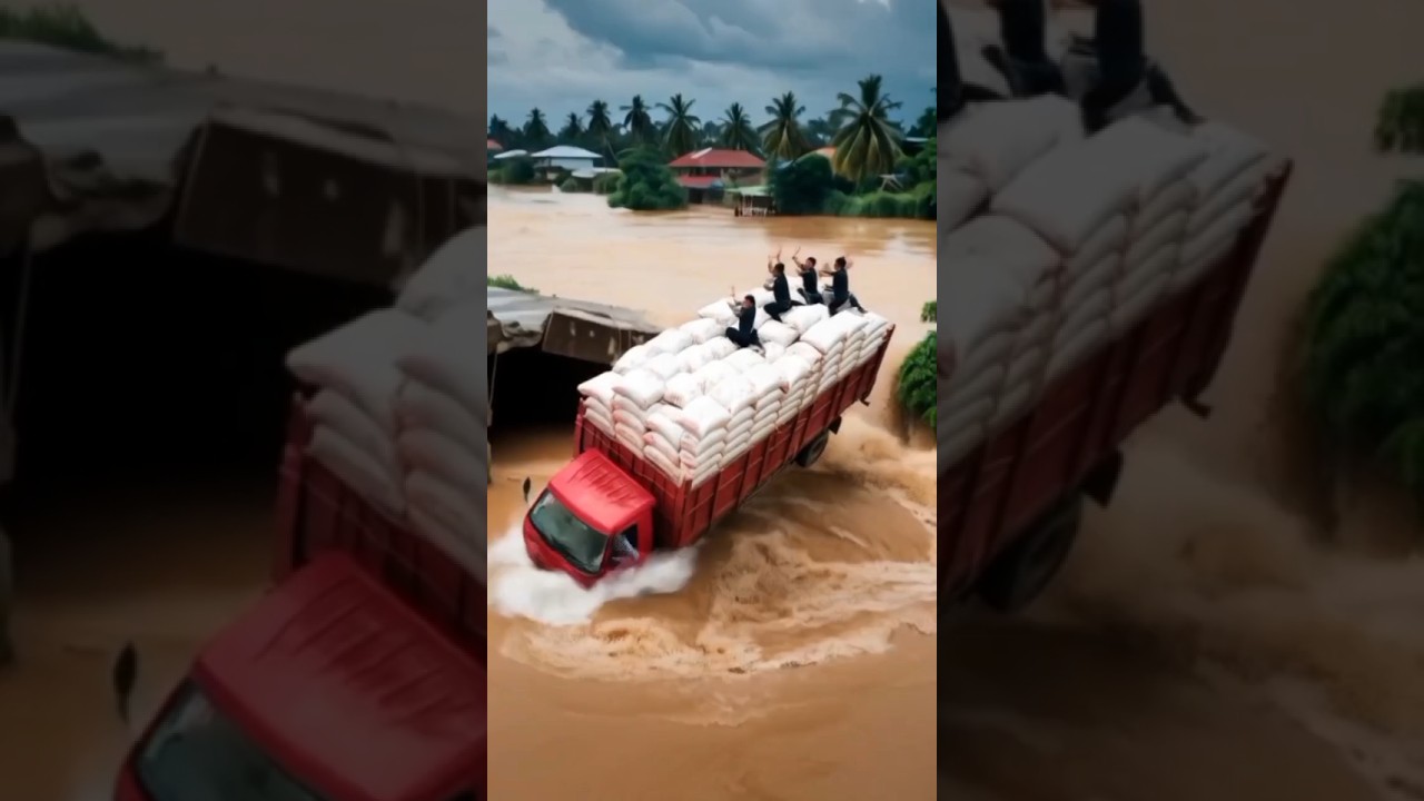 Red Truck FALLS Into Raging Flood From Broken Bridge 