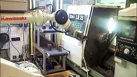 RFA Kawasaki Heavy Duty Robotloader loading Okuma lathe at Eijkelkamp B.V.