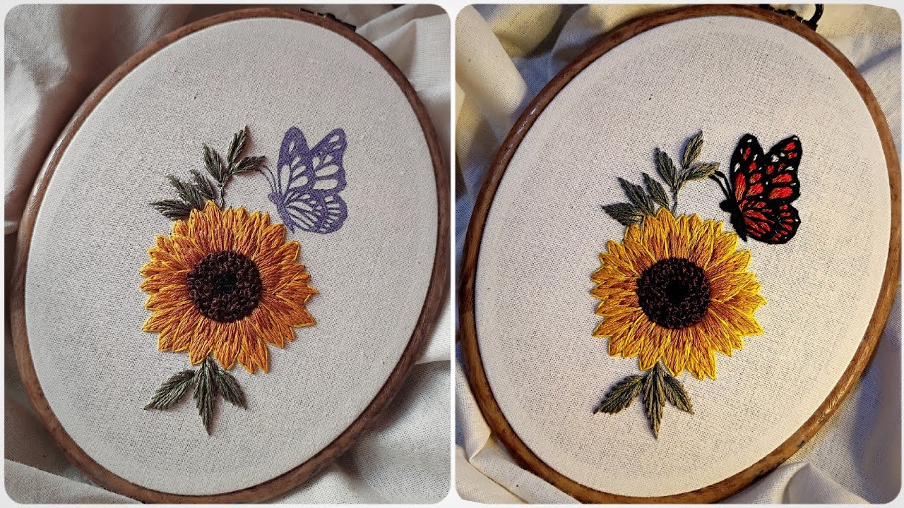 Butterfly and Sunflower embroidery tutorial Hand embroidery for