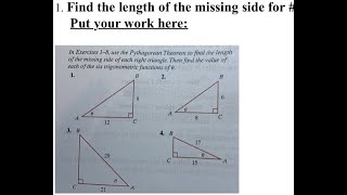 [Math] Find the length of the missing side. Put your work here: In Exercises 1-8, use the Pythagore