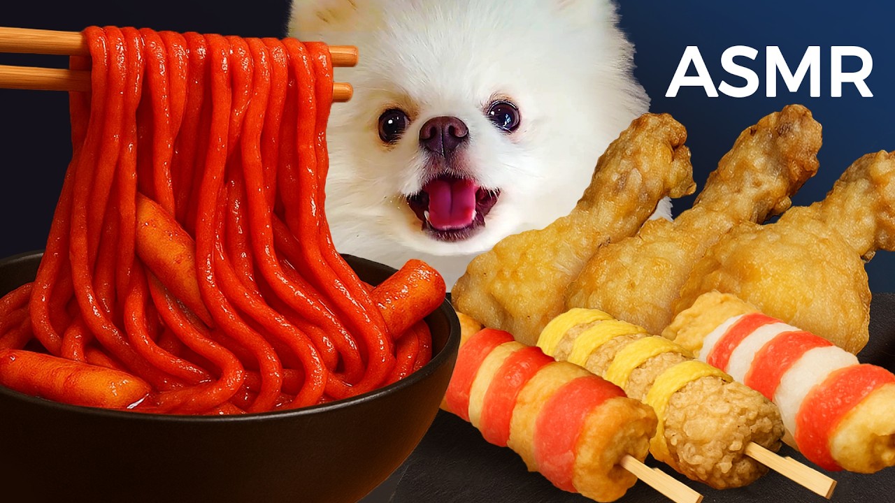 ASMR Mukbang | Yue the Pomeranian Eating Crispy Fried Chicken, Tteokbokki and Cheesy Corn Dog