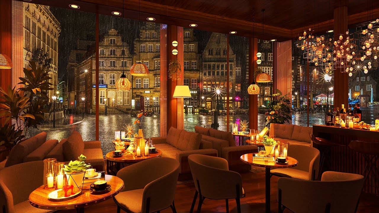 Rainy Night & Relaxing Jazz Music | 4K Coffee Shop | Smooth Piano Jazz Music for Study, Work, Sleep