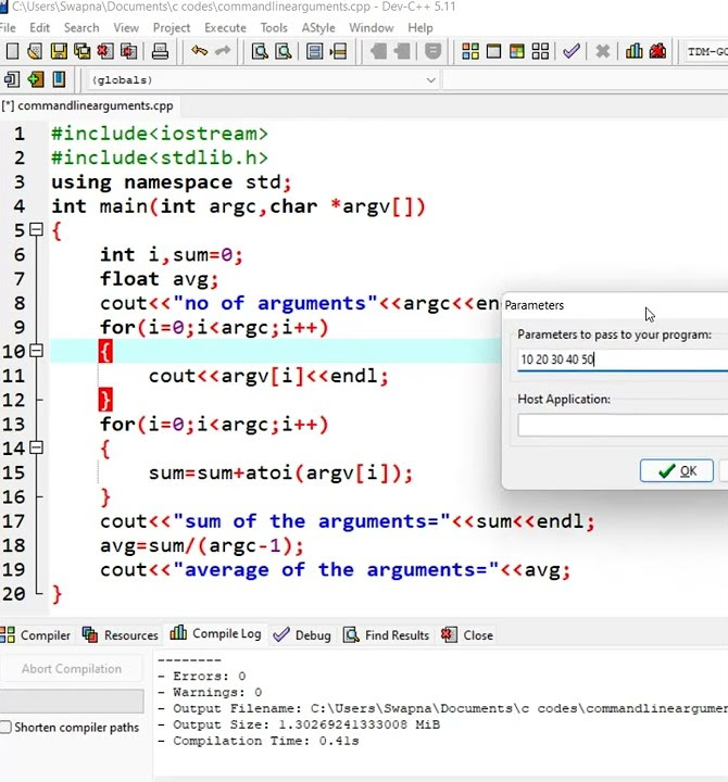 finding the sum and average of parameters using command line arguments ...