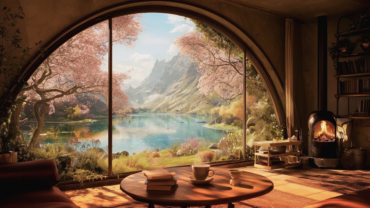 Cozy Coffee Shop Ambience 🌸 Relaxing Jazz & Crackling Fireplace Sounds for Calm, Work, Relax