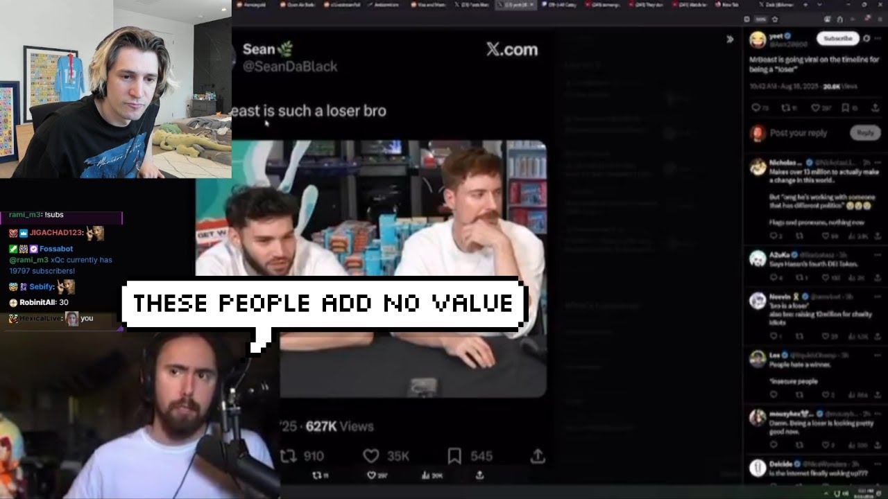 xQc Reacts to Asmongold Responding to Twitter Calling MrBeast a "Loser" for Collab with Adin ross