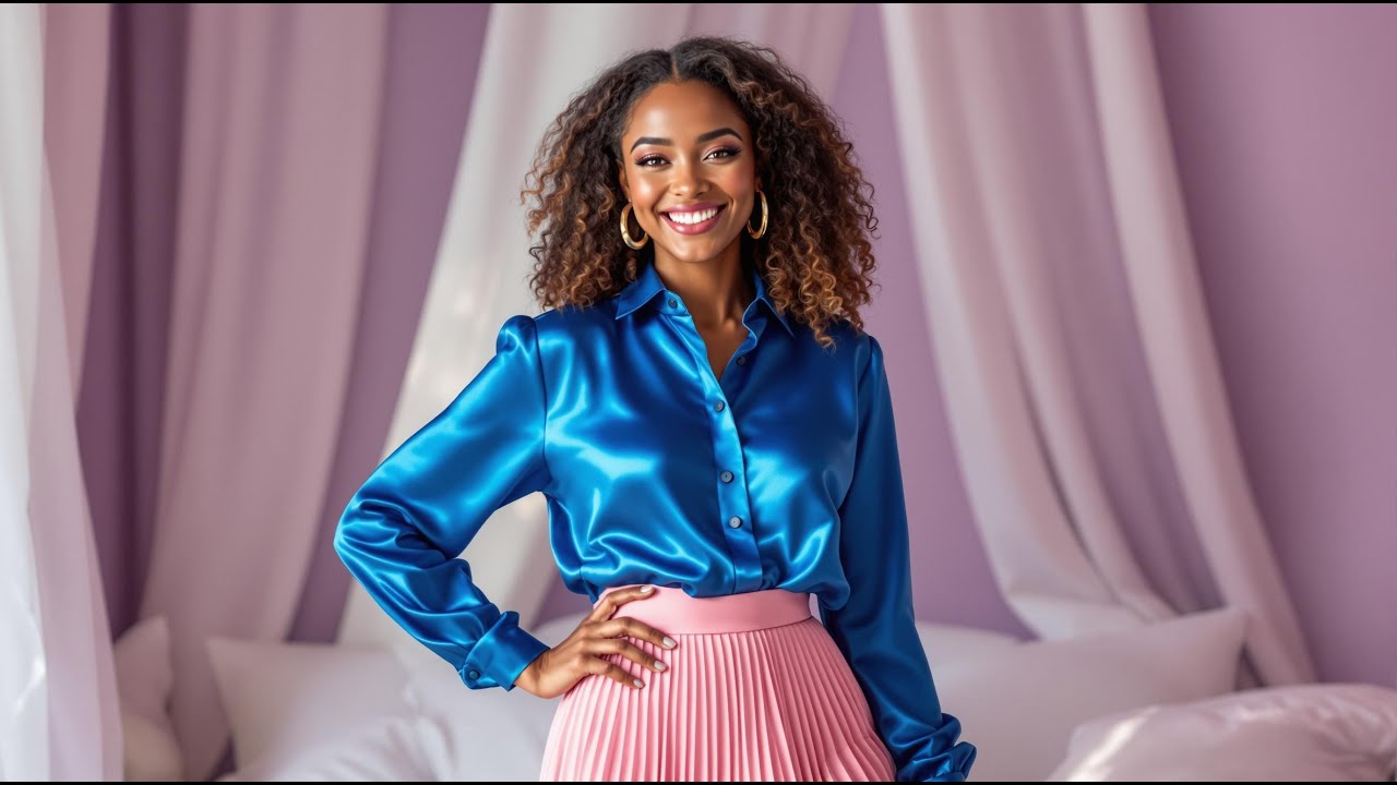 8k- Royal Blue Satin & Pink Pleats – Cinematic Glamour  | Fashion Elegance 