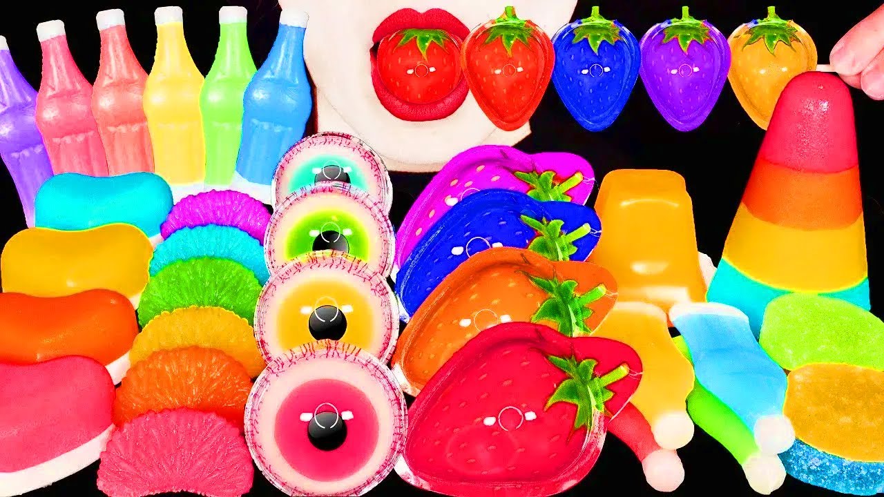 ASMR RAINBOW DSSERTS 크런치 레인보우 디저트 FRUIT SNACK JELLY 무지개 디저트 얼린 닉클립 젤리 먹방 eating sounds mukbang