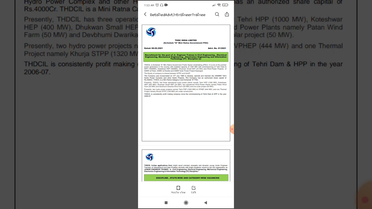65 Junior Engineer Trainee Recruitment in THDC /28feb2021