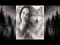 Monochrome Portrait Woman Wolf Misty Forest Landscape Mystical Connection Surreal Artwork mp3