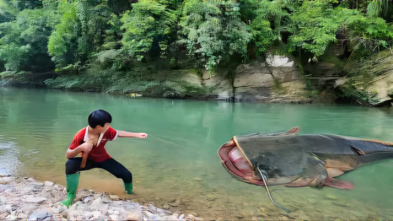 The boy Lam caught a big fish in the big stream - YouTube